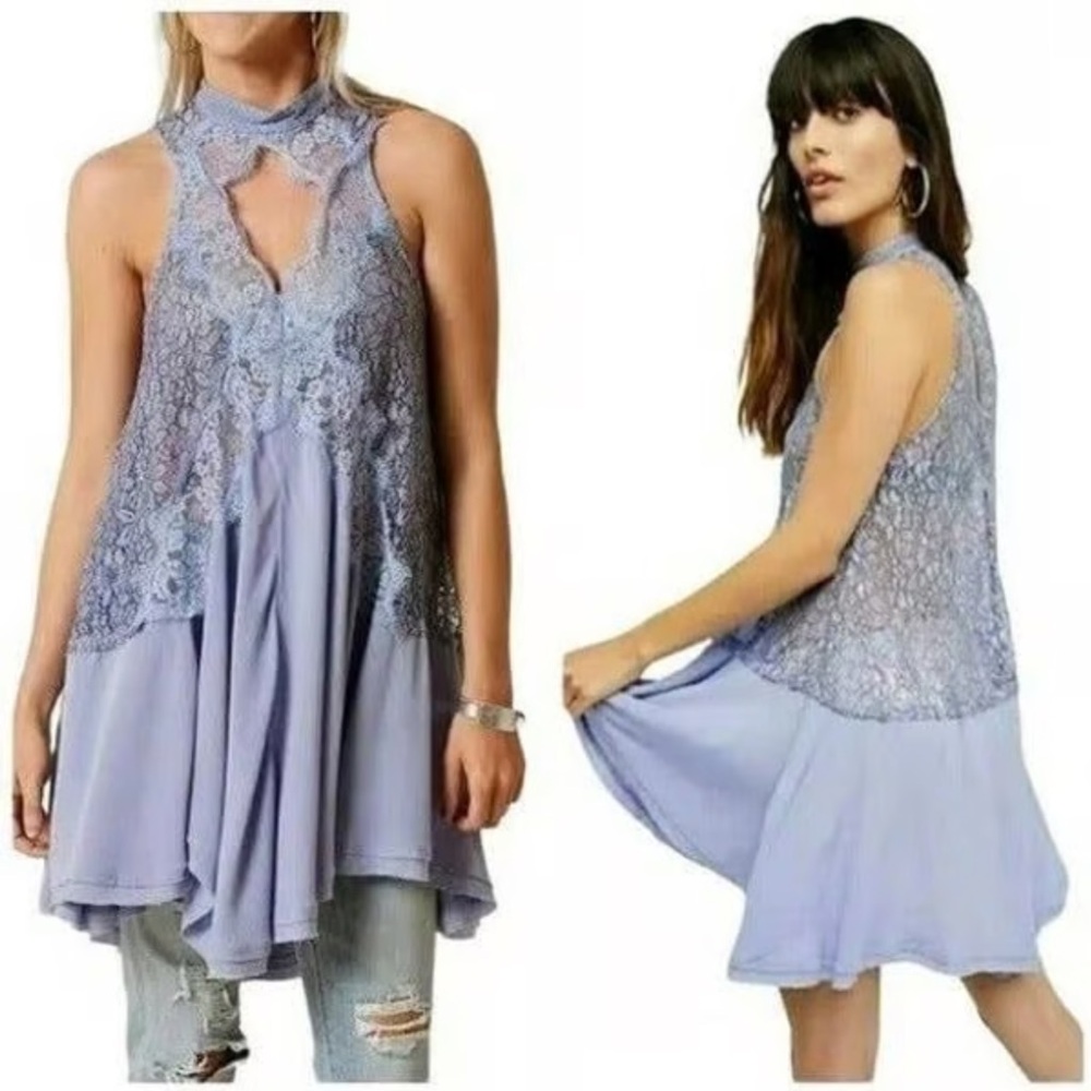 Free People High Low Lace tunic top  Soft Blue; size L, new